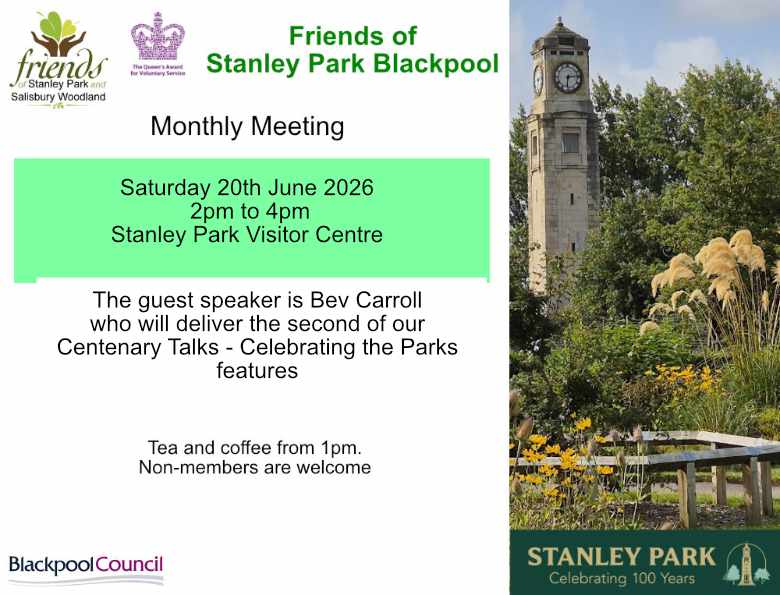 Friends of Stanley Park Monthly Meeting, 20th June 2026 2pm to 4pm, guest speaker Bev Carroll, Centenary Celebration, Features of the Park.